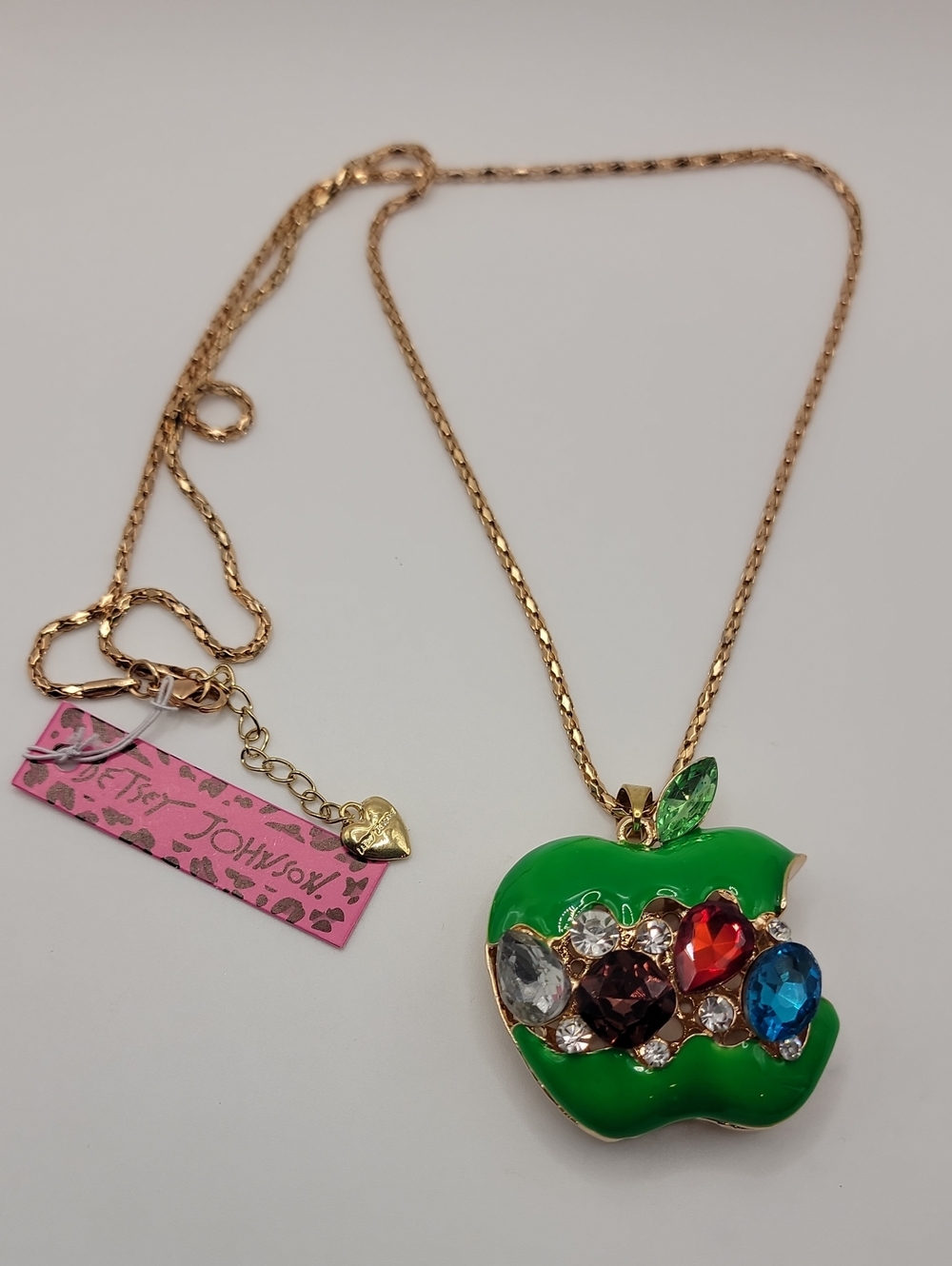Betsey Johnson Bright Green Apple Pendant Necklace with Multicolor Crystals